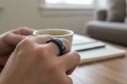 Pierścionek drewniany z opalem Midnight – dąb czarno-srebrny