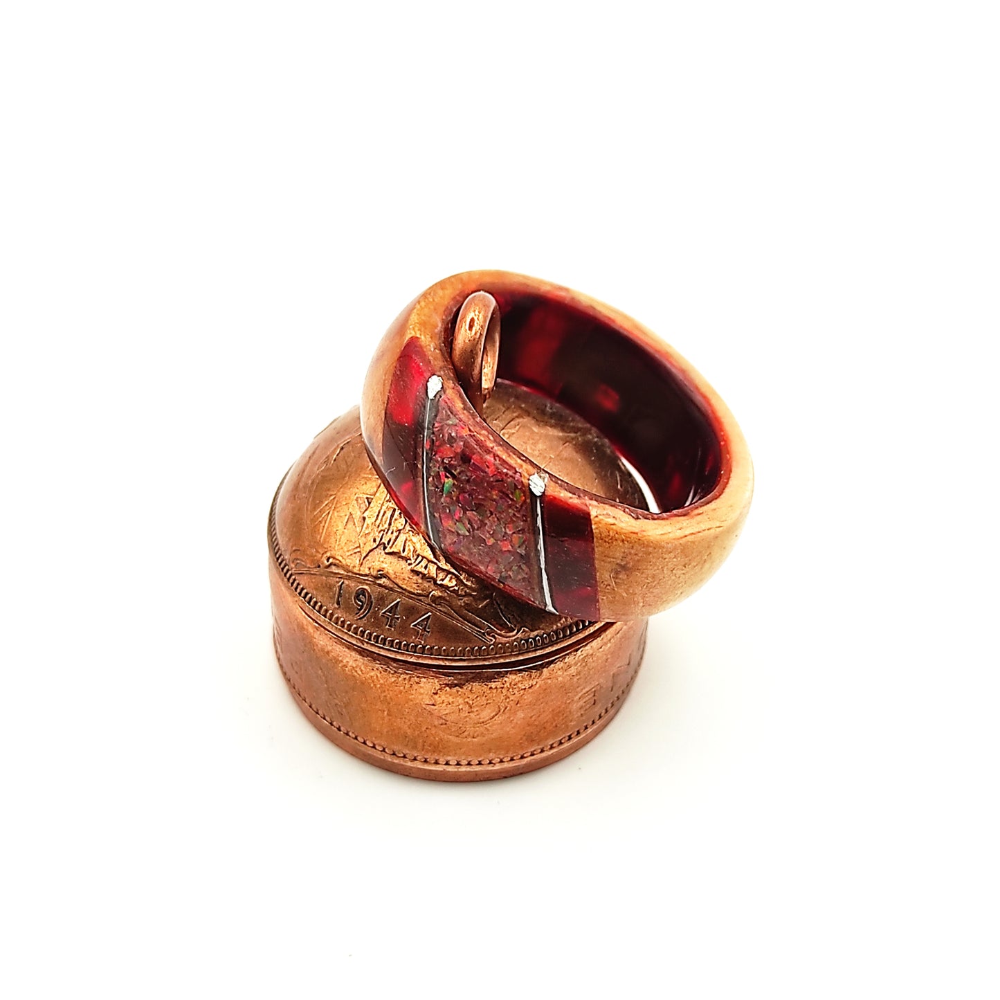 Crimson Ember Ring – Wood, Celluloid & Crushed Red Opal"