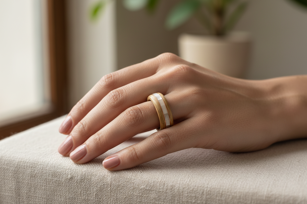 Jesionowy Pierścionek z Perlistą Wkładką – Ręcznie Wykonany z Miedzianym Detalem