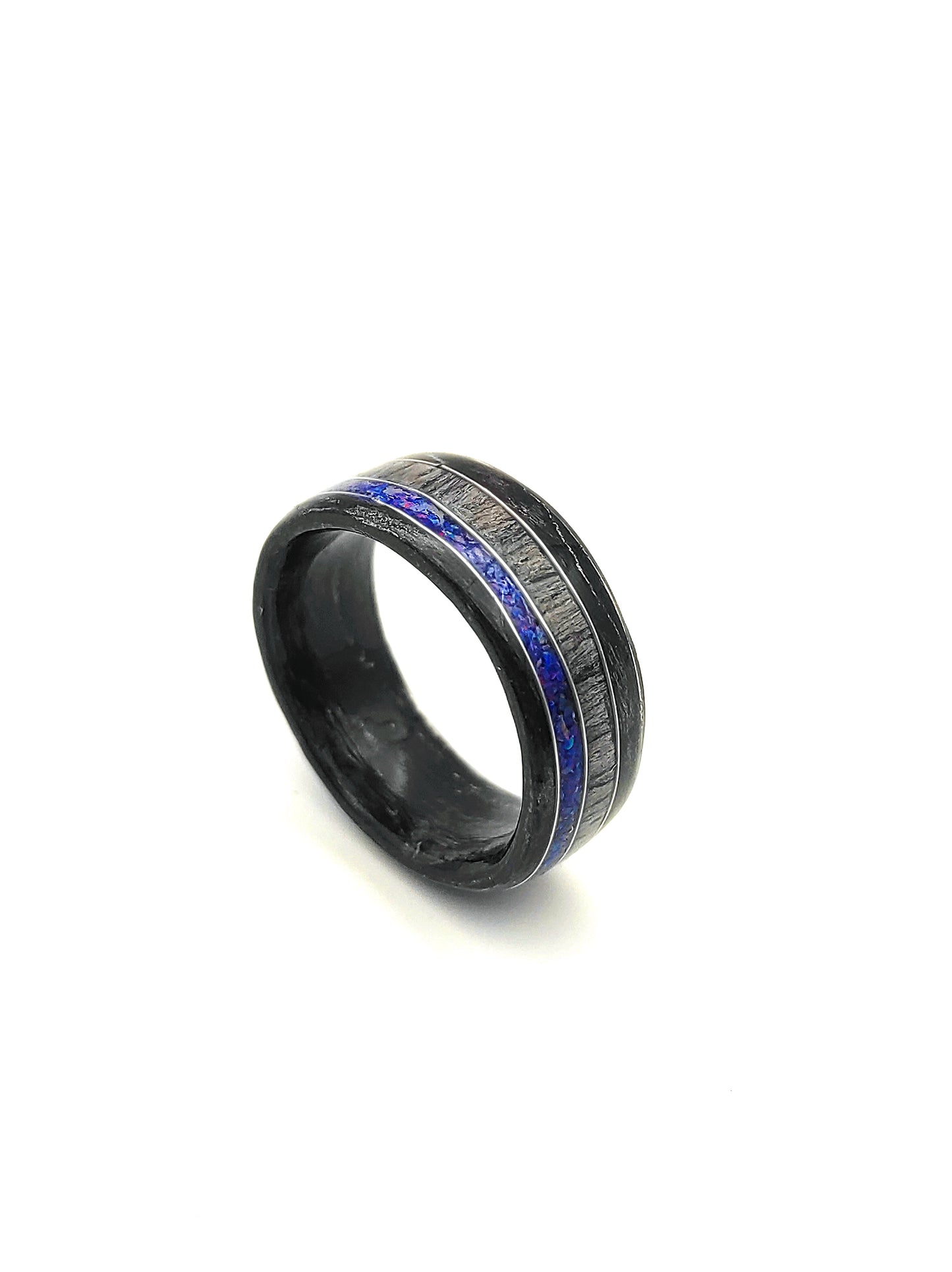 Black Oak & Gray Oak Ring with Blue Opal and Silver Wire