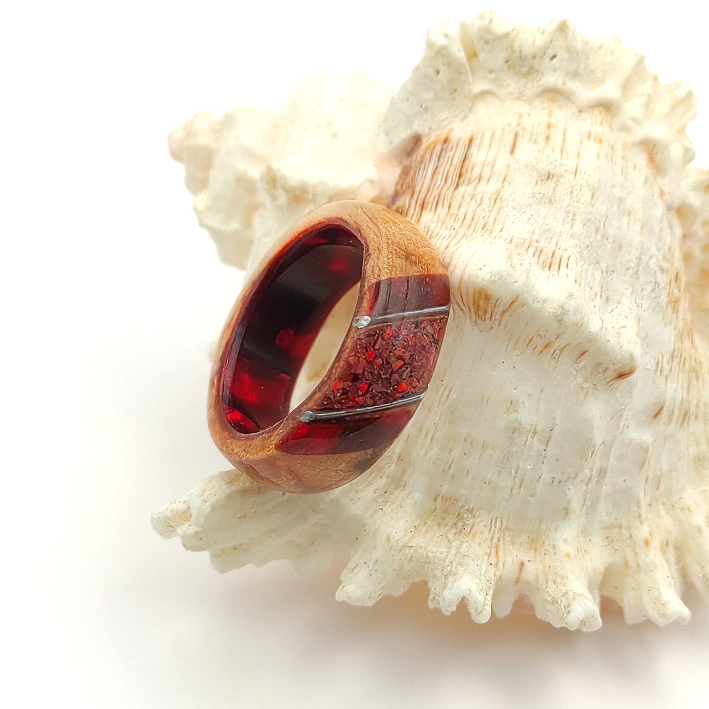 Crimson Ember Ring – Wood, Celluloid & Crushed Red Opal"