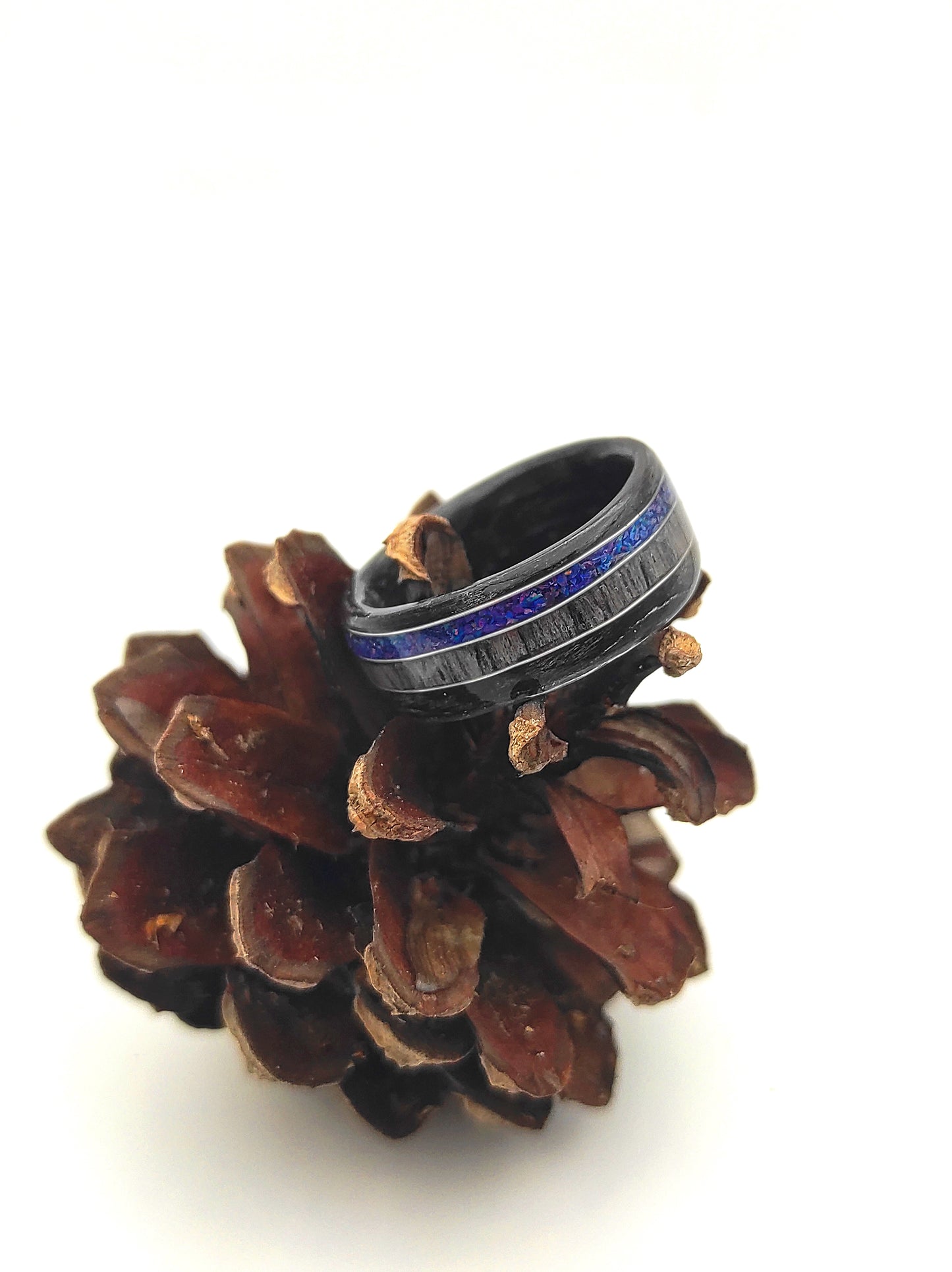 Black Oak & Gray Oak Ring with Blue Opal and Silver Wire