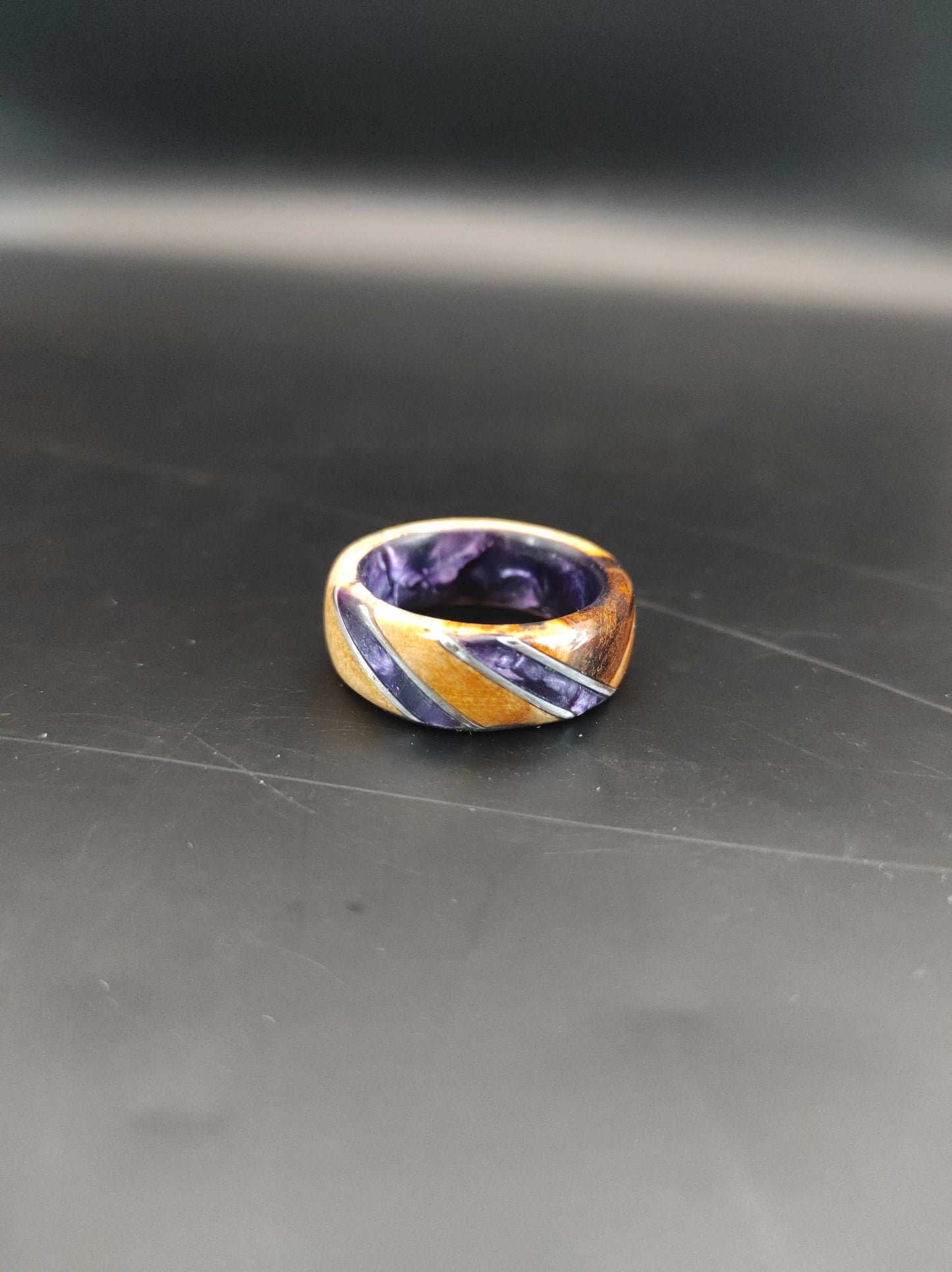 Birch burl Ring and purple celluloid