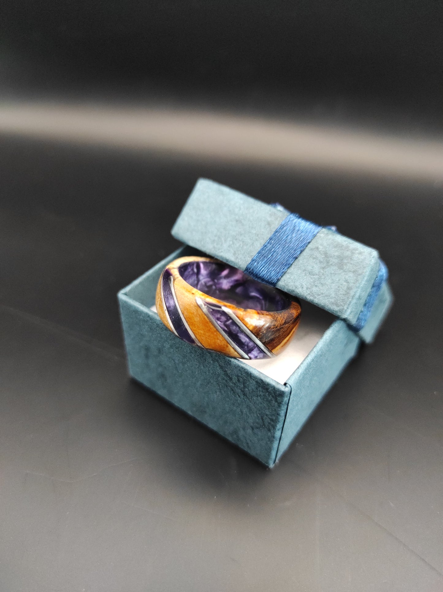 Birch burl Ring and purple celluloid