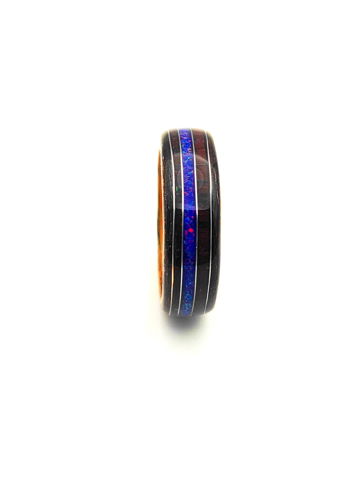 Handmade Triple Veneer Wood Ring with Purple Rosewood & Blue Opal Inlay – Oak, Beech, Black Oak, Silver Accents