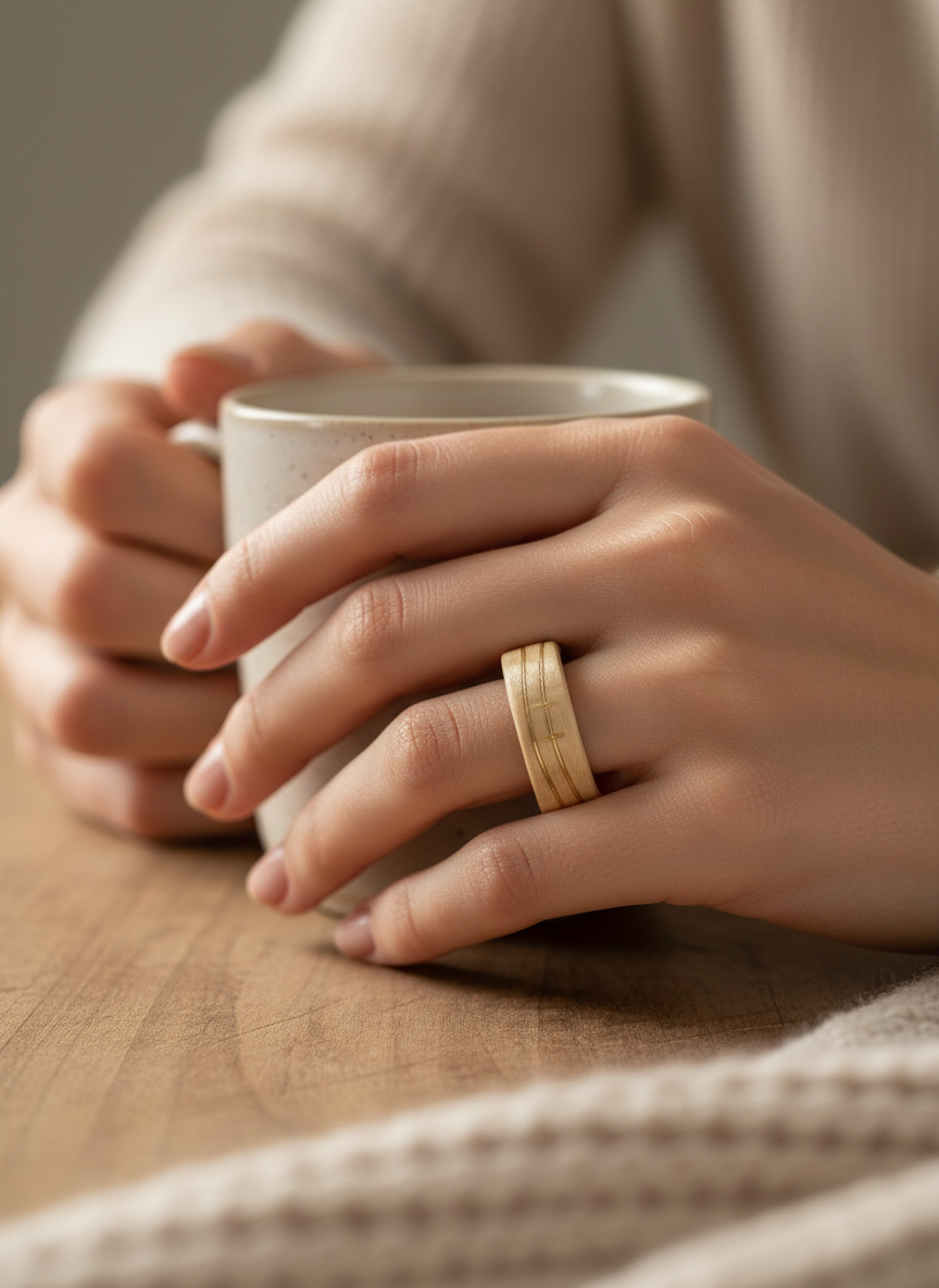 Klonowa Złota Fala – Drewniany pierścionek z ręcznie formowaną złotą wstawką