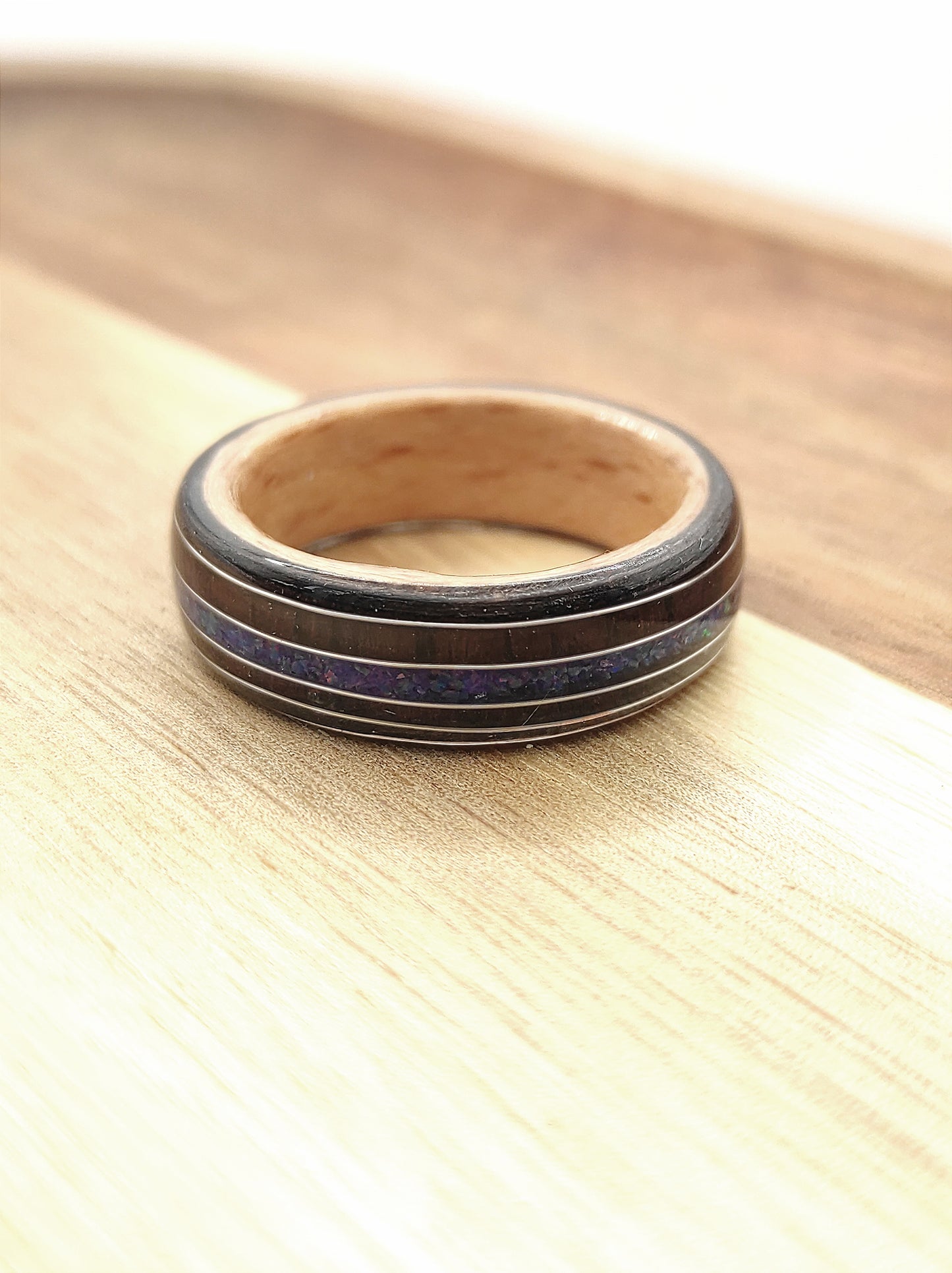 Handmade Triple Veneer Wood Ring with Purple Rosewood & Blue Opal Inlay – Oak, Beech, Black Oak, Silver Accents