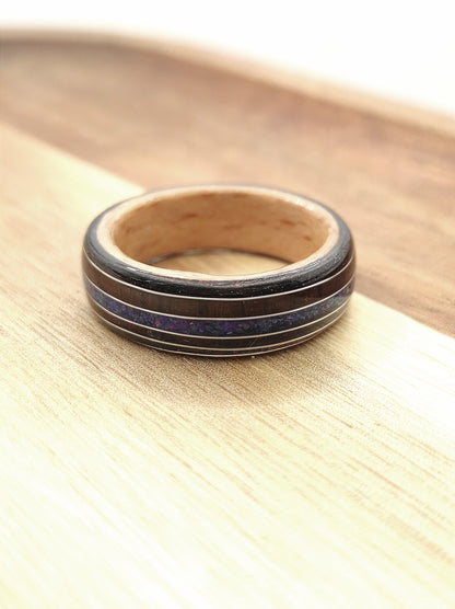 Handmade Triple Veneer Wood Ring with Purple Rosewood & Blue Opal Inlay – Oak, Beech, Black Oak, Silver Accents - WoodRingsByJet