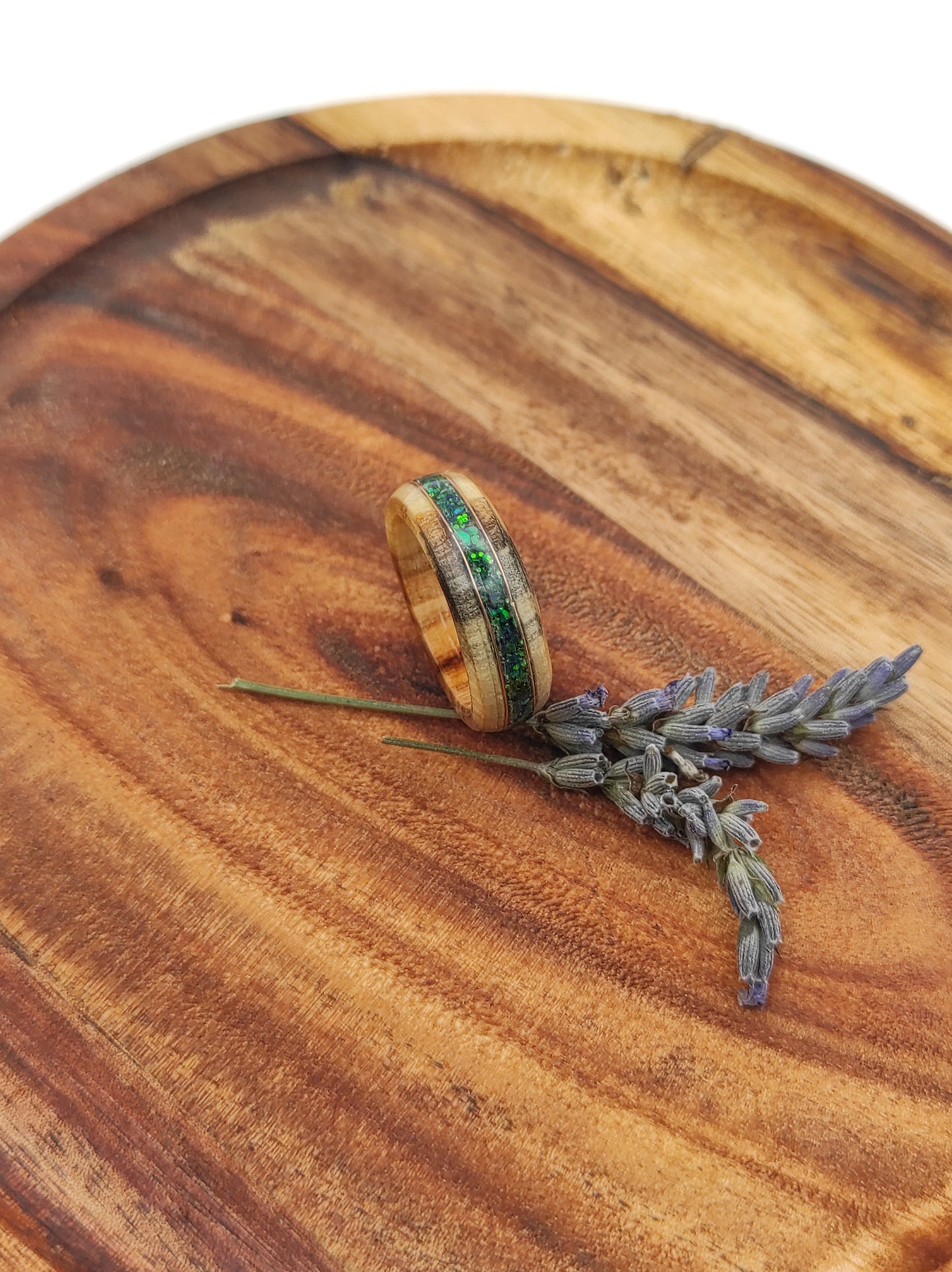Willow Wood Ring with Green Opal Inlay – Unique Willow Tree Anniversary Gift