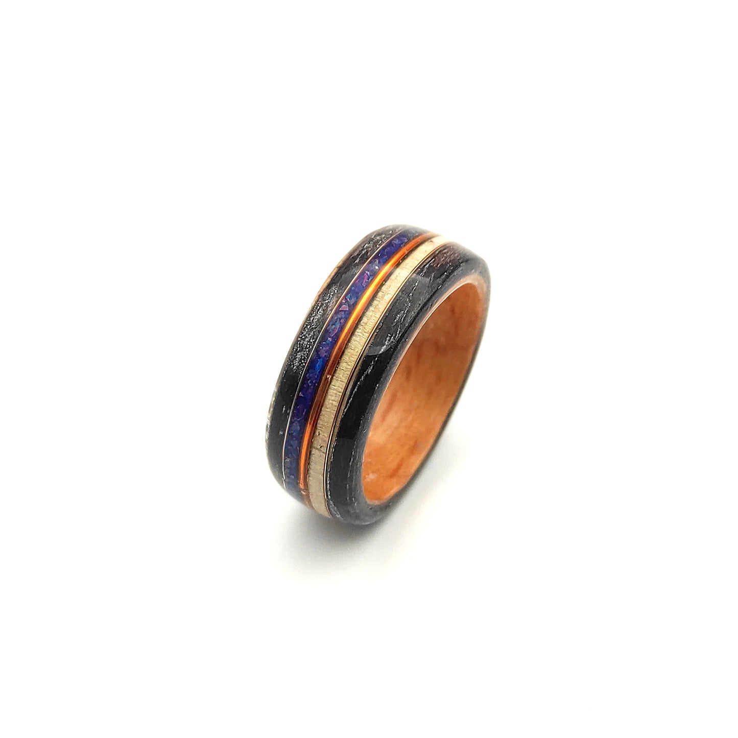 Black Oak & Maple Wood Ring with Blue Opal and Copper Inlay