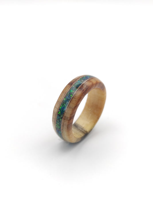 Willow Wood Ring with Green Opal Inlay – Unique Willow Tree Anniversary Gift