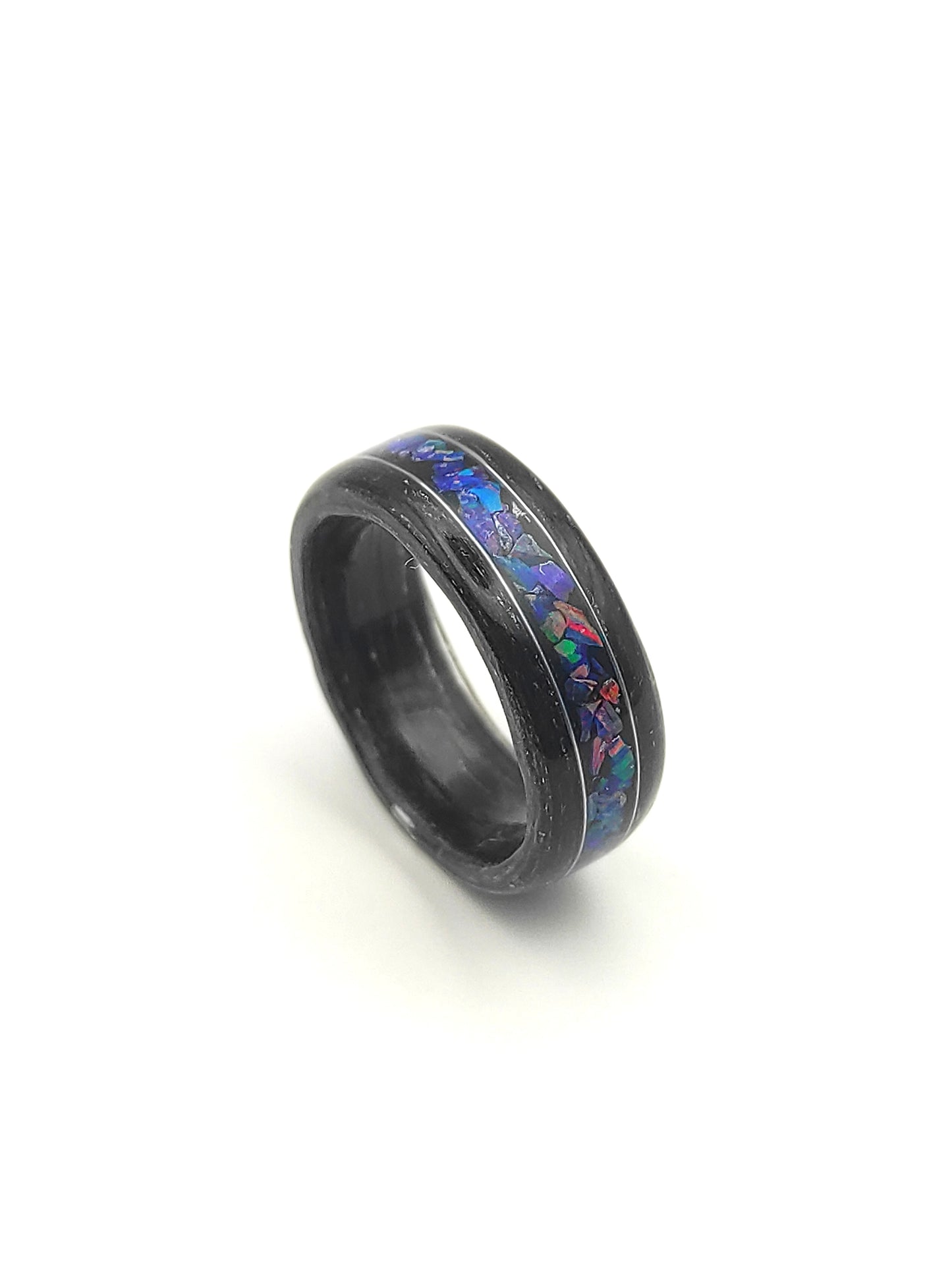 pierścionek drewniany z opalem Midnight dąb czarno-srebrny