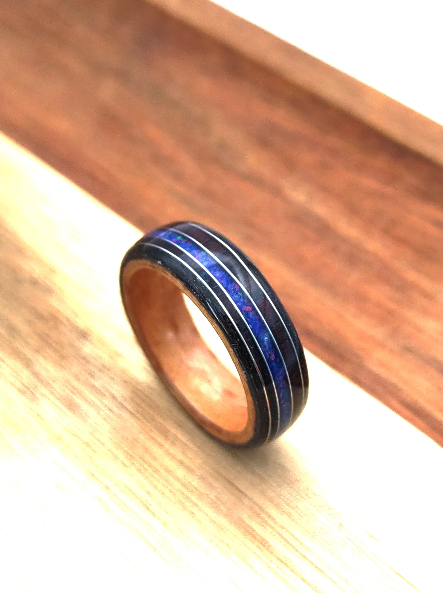 Handmade Triple Veneer Wood Ring with Purple Rosewood & Blue Opal Inlay – Oak, Beech, Black Oak, Silver Accents