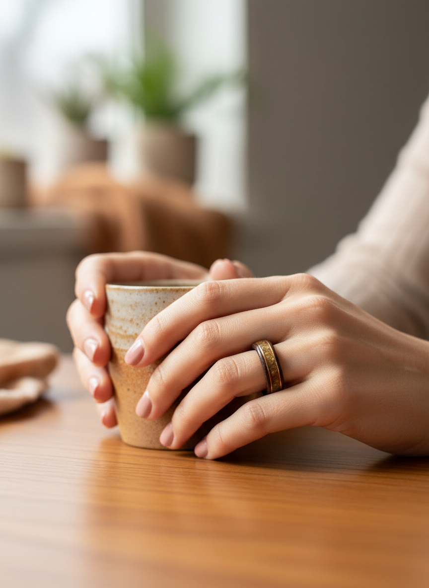 Amber Fog – drewniany pierścionek z bałtyckim bursztynem i mosiężnym akcentem