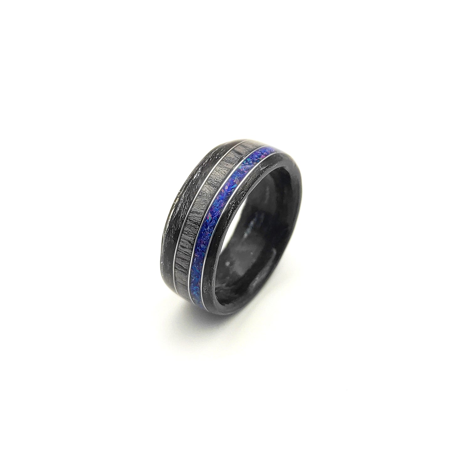 Black Oak & Gray Oak Ring with Blue Opal and Silver Wire