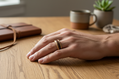 Drewniany pierścionek z jesionu z falą z palisandru i srebrnym drucikiem