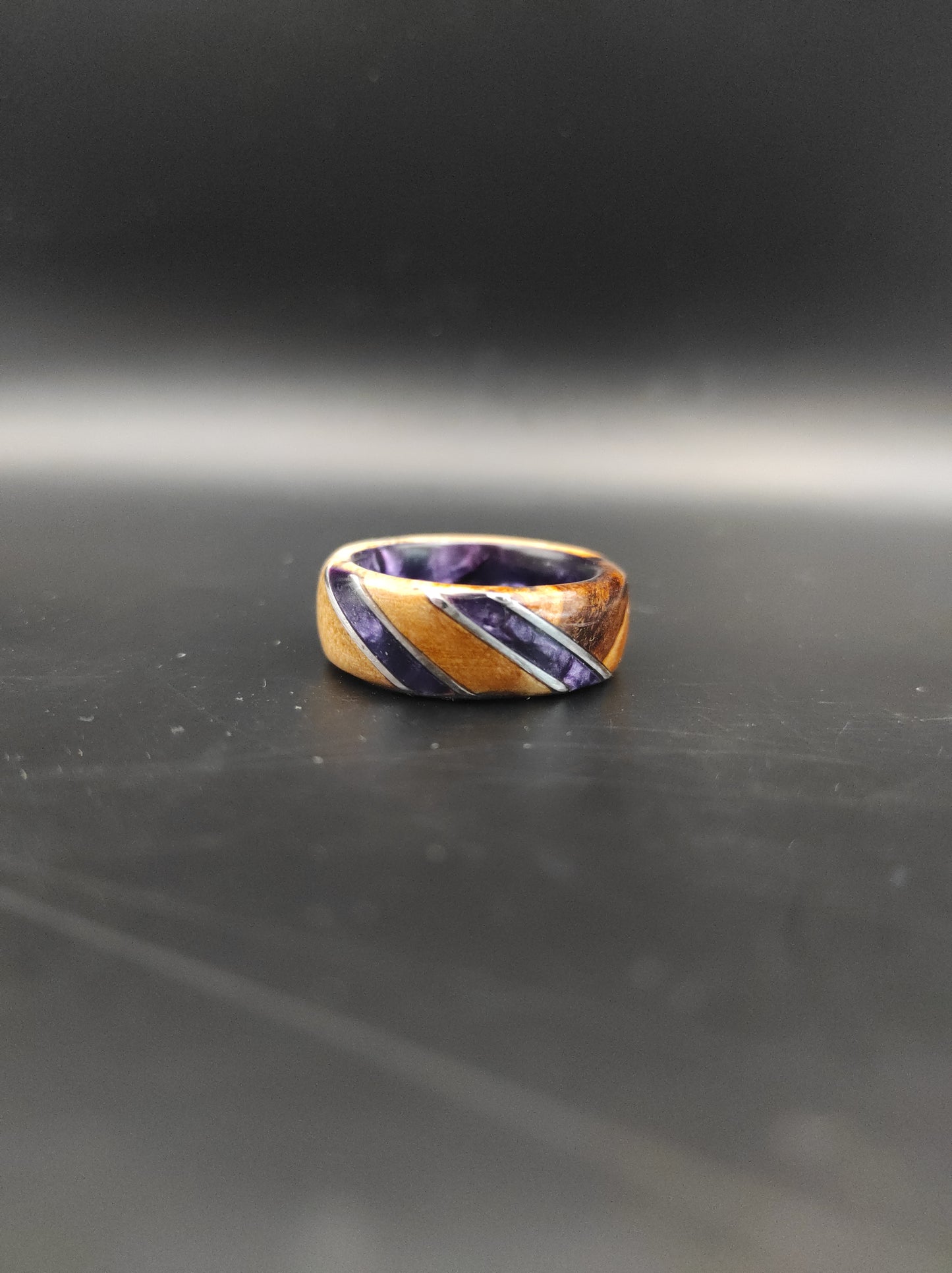 Birch burl Ring and purple celluloid