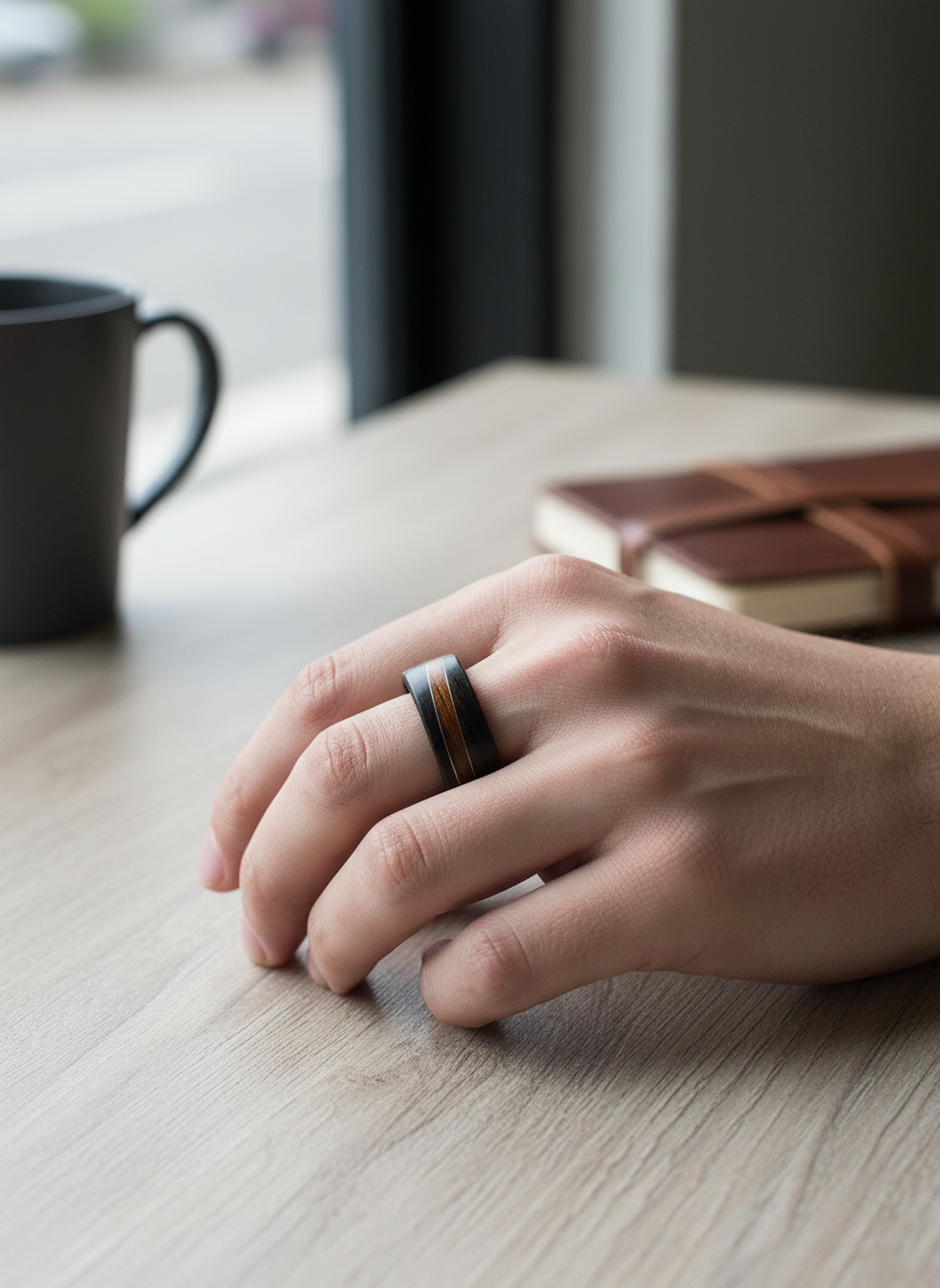 Pierścionek z hebanu z falą z drucika w kolorze srebrnym – kolekcja Fal