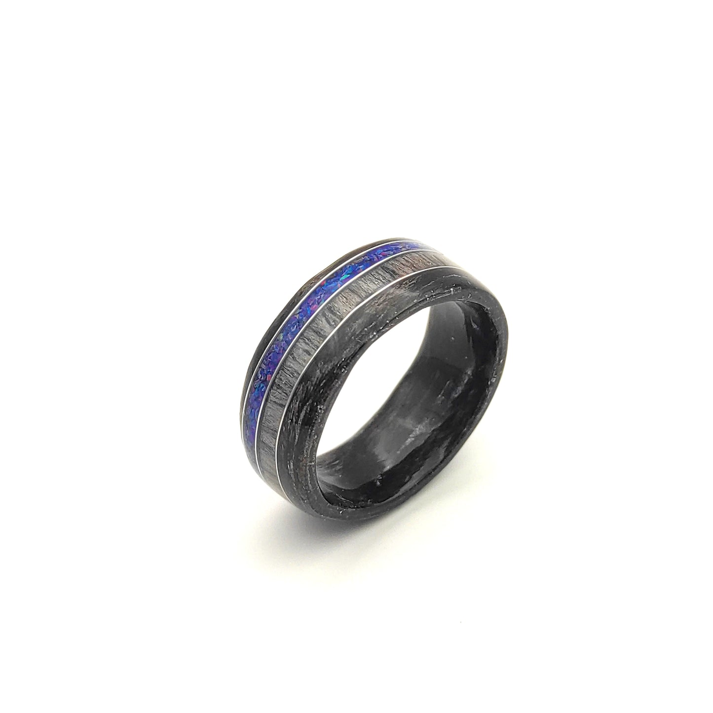 Black Oak & Gray Oak Ring with Blue Opal and Silver Wire