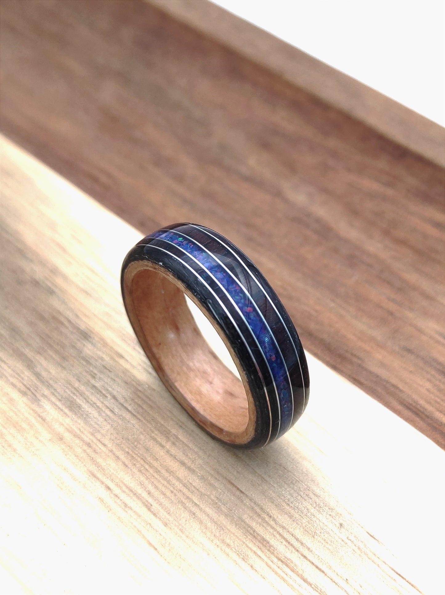 Handmade Triple Veneer Wood Ring with Purple Rosewood & Blue Opal Inlay – Oak, Beech, Black Oak, Silver Accents