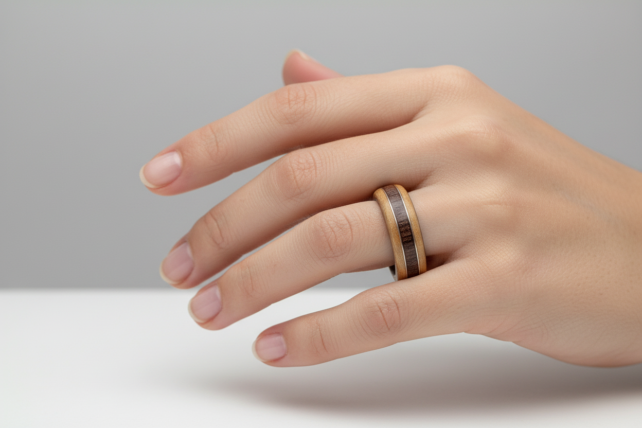 Drewniany pierścionek bukowy wraz z centralnym pasem z ciemnego wenge – handmade