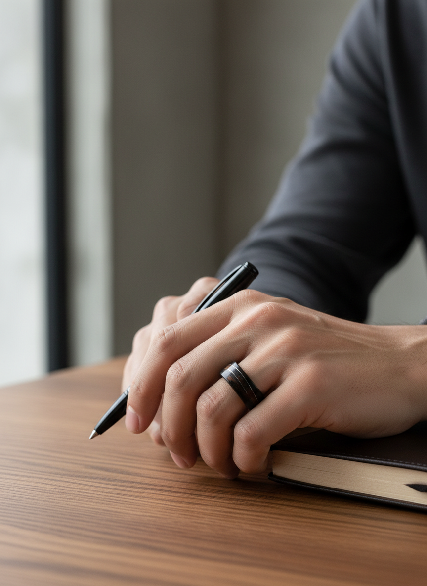 Pierścionek z hebanu z falą z drucika w kolorze srebrnym – kolekcja Fal