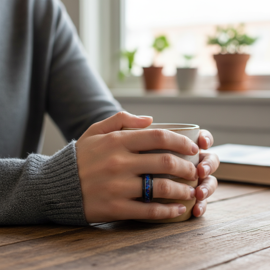 Pierścionek drewniany z opalem Midnight – dąb czarno-srebrny