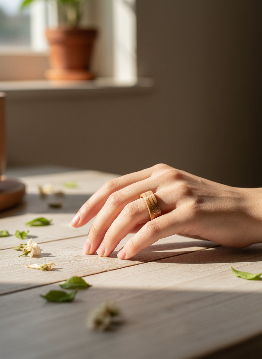 Fala Róży — pierścionek z forniru z delikatną różową falą