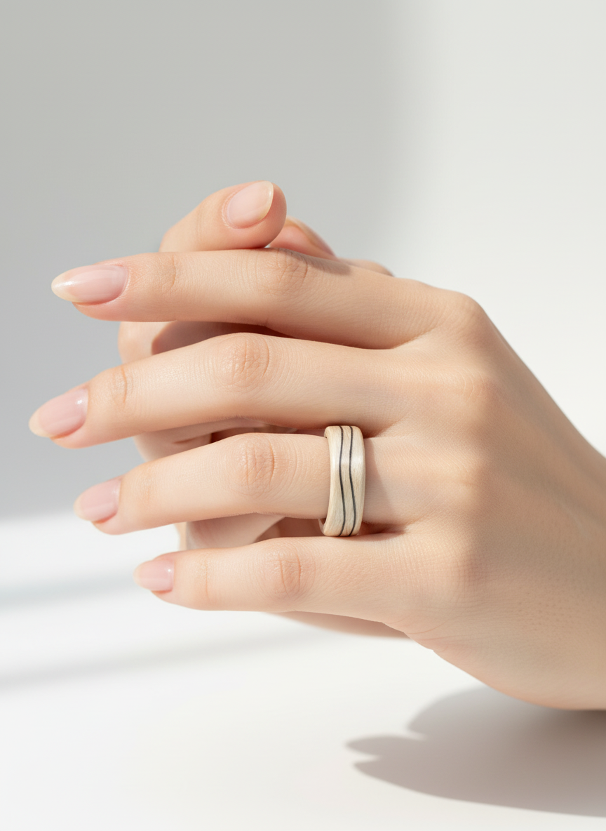 Drewniany pierścionek z bielonego dębu z czarną falą – minimalistyczna forma