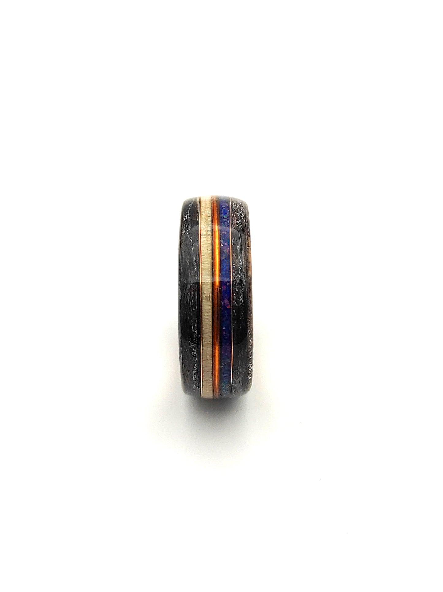 Black Oak & Maple Wood Ring with Blue Opal and Copper Inlay