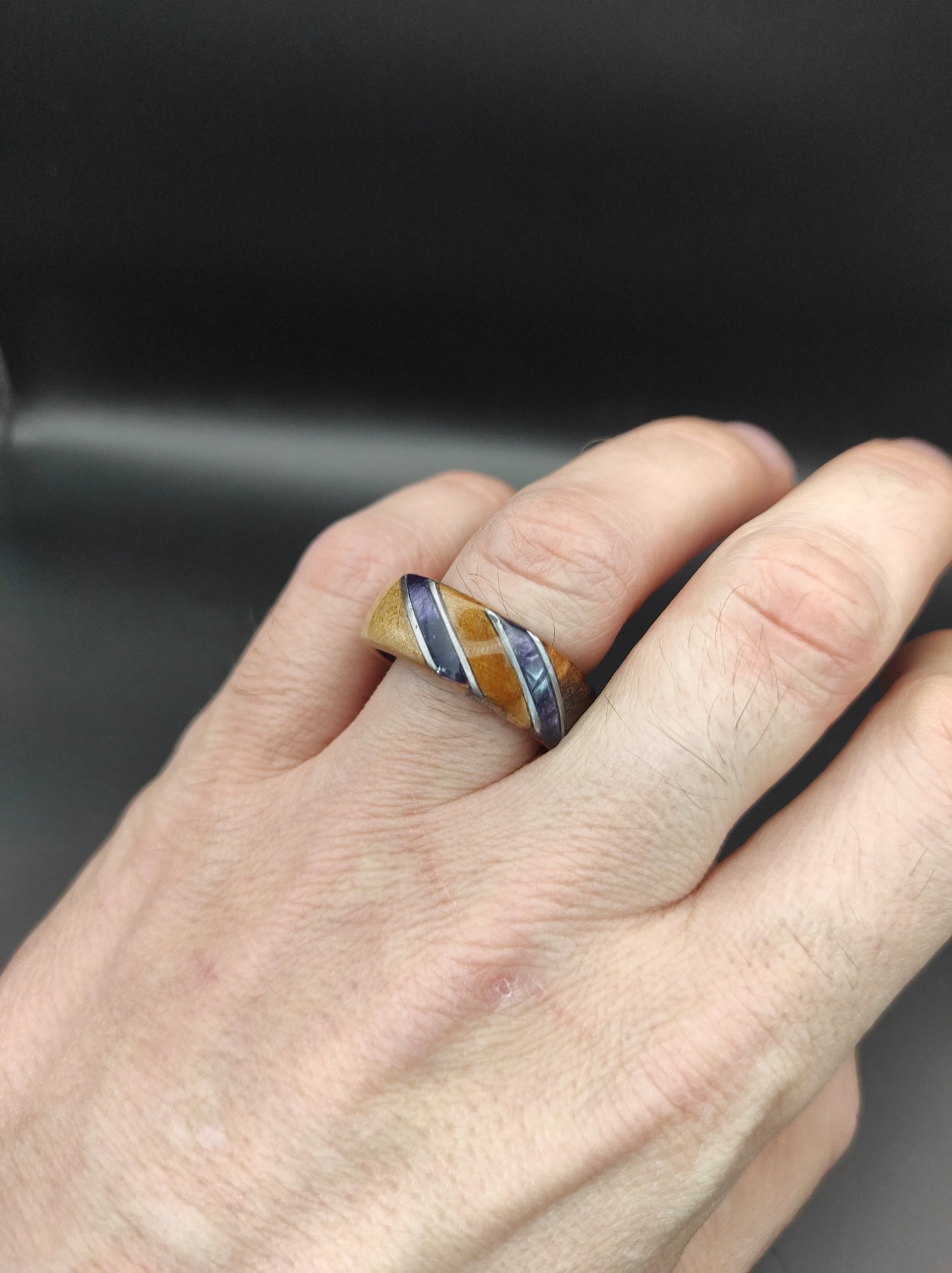 Birch burl Ring and purple celluloid
