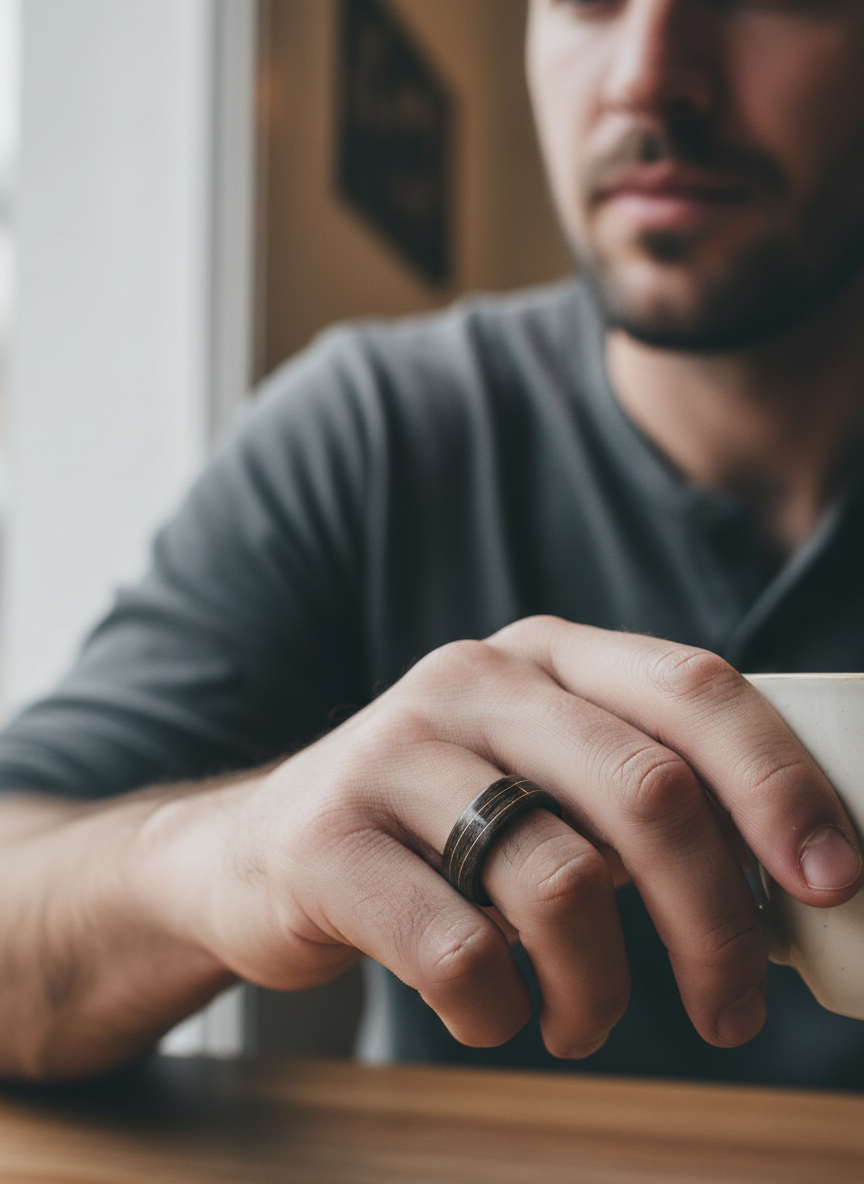 Drewniany pierścionek z orzecha z miedzianą falą – ręcznie wykonywany