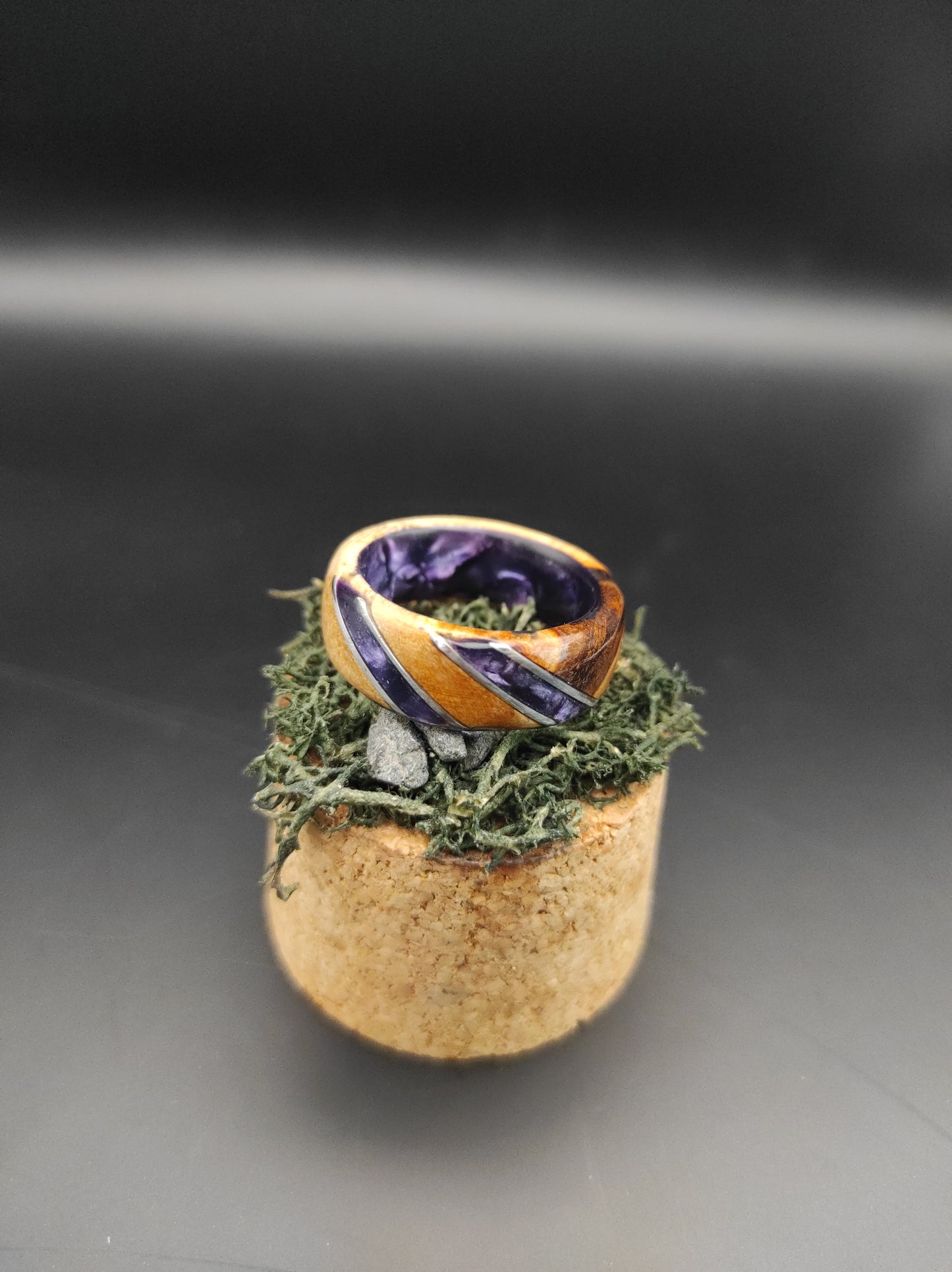 Birch burl Ring and purple celluloid