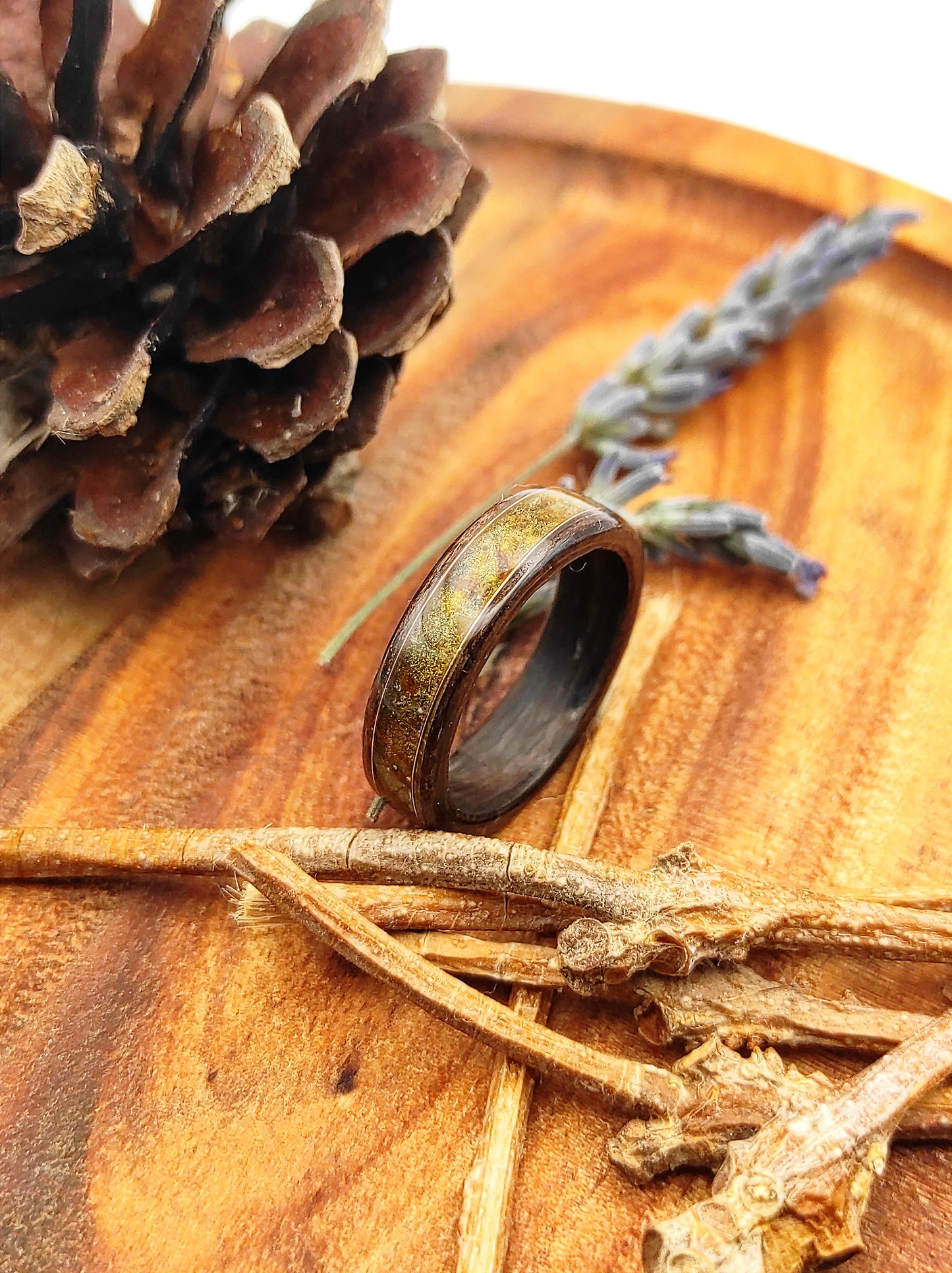 Amber Fog – Wooden Ring with Baltic Amber and Brass Accent