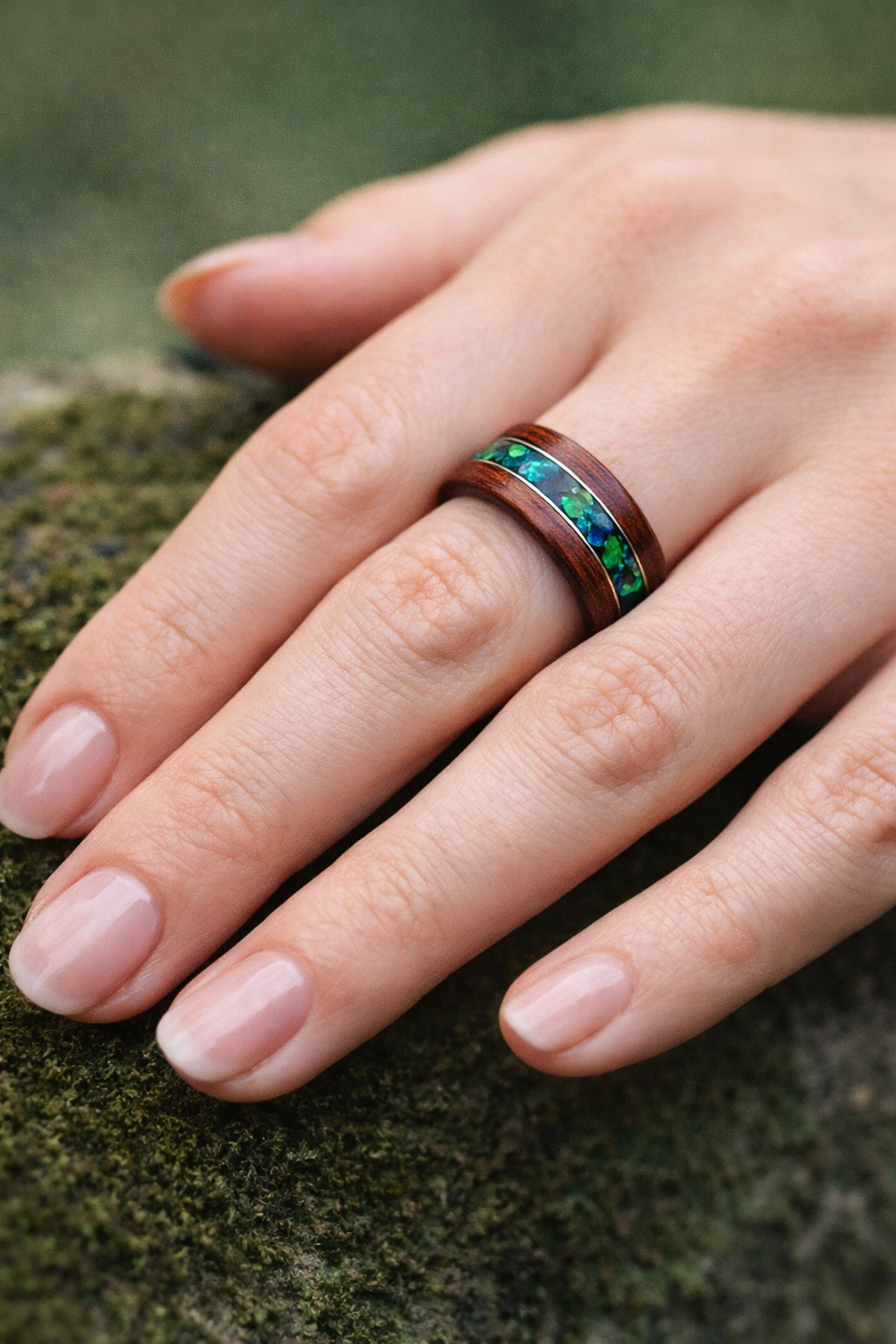 Pierścionek drewniany palisander – zielony opal