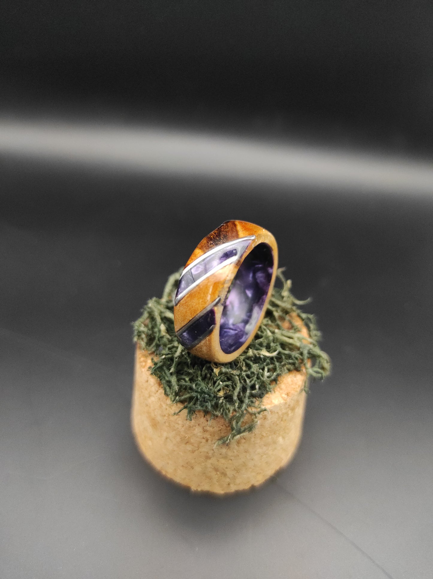 Birch burl Ring and purple celluloid