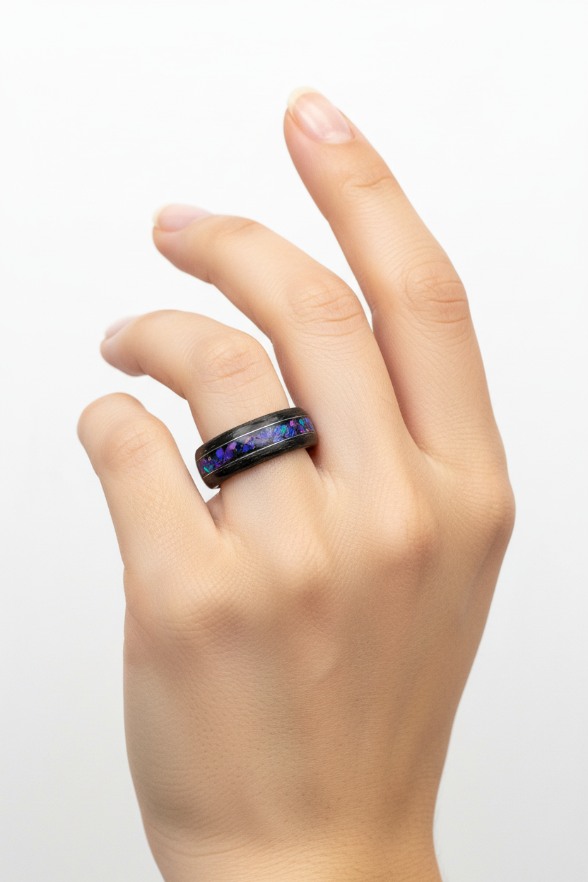 Pierścionek drewniany z opalem Midnight – dąb czarno-srebrny