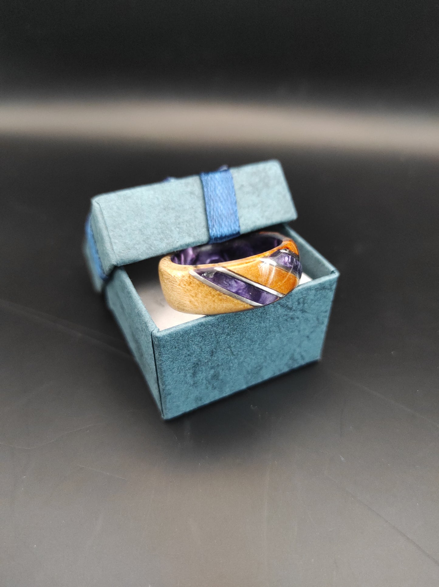 Birch burl Ring and purple celluloid