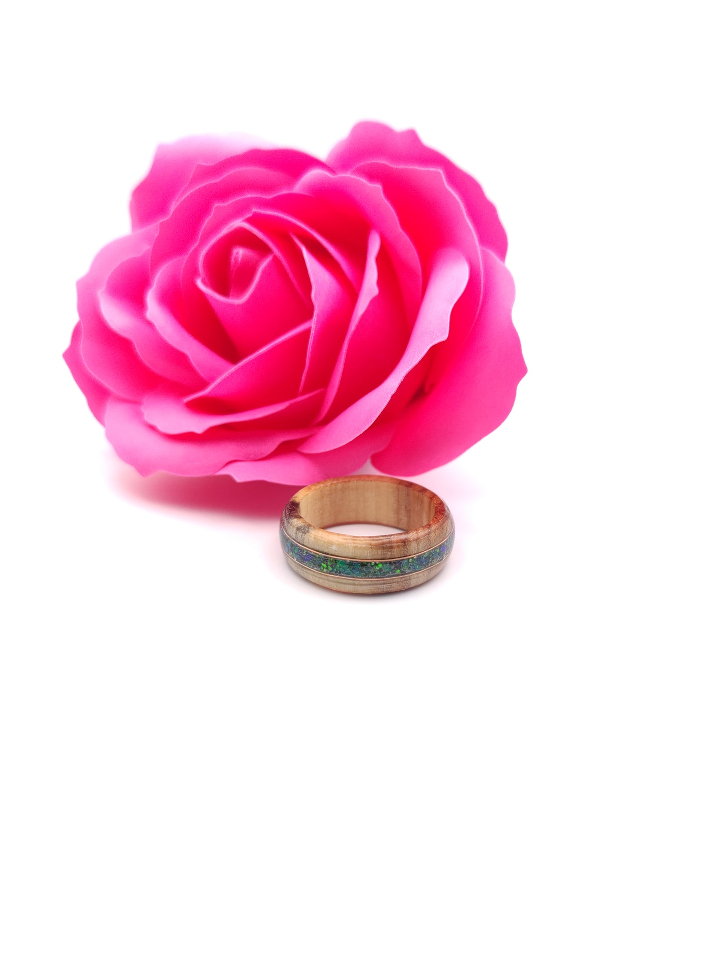 Willow Wood Ring with Green Opal Inlay – Unique Willow Tree Anniversary Gift
